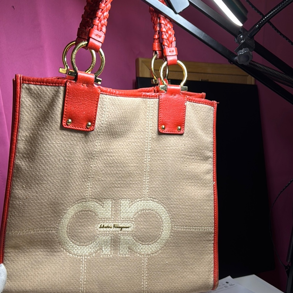 Salvatore Ferragamo Beige and Orange Tote Bag
